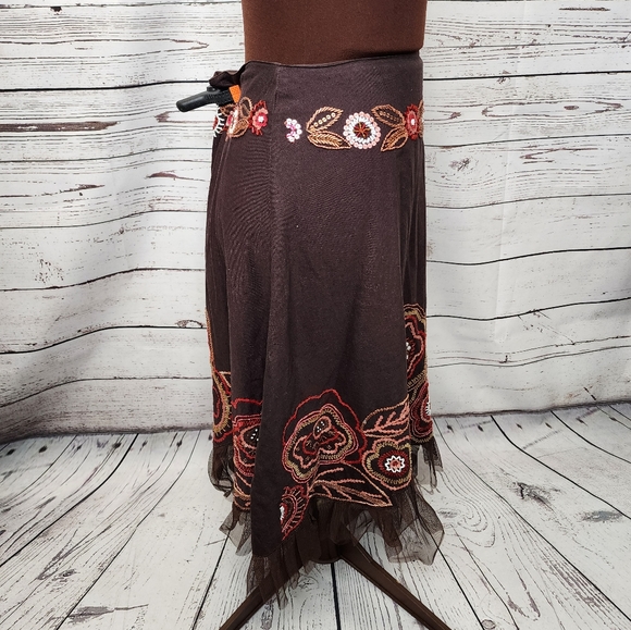 Vintage Parisian Brown Beaded Linen Tulle Midi Skirt Size 8 - Picture 4 of 7